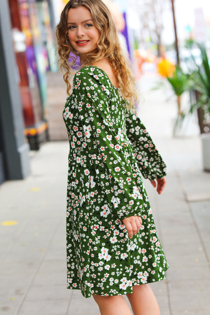 Positive Perceptions Olive Ditsy Floral Square Neck Dress