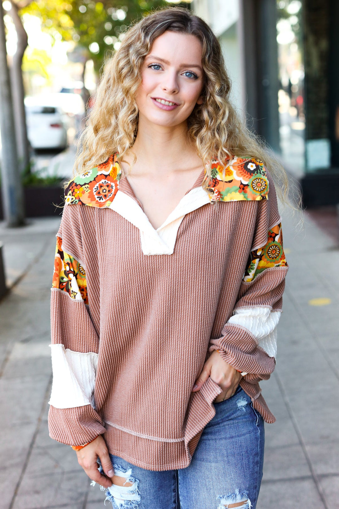 Charming Caramel Floral Print Colorblock Notch Neck Top