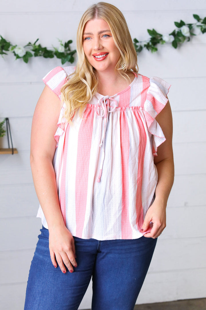 Coral & Light Blue Stripe Waffle Tie Neck Top