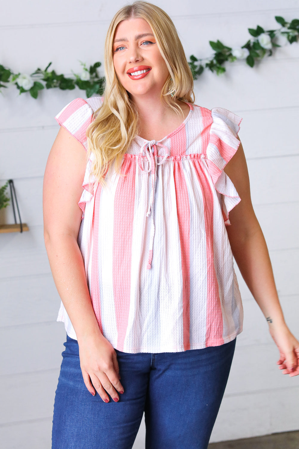 Coral & Light Blue Stripe Waffle Tie Neck Top