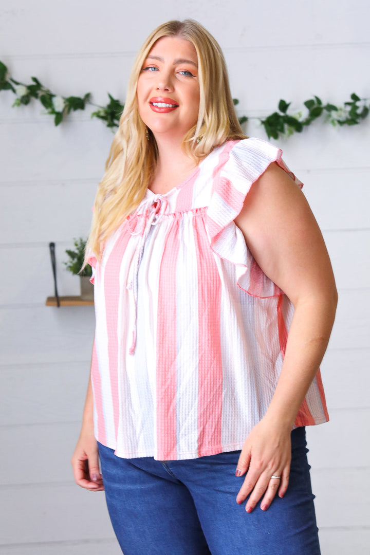 Coral & Light Blue Stripe Waffle Tie Neck Top