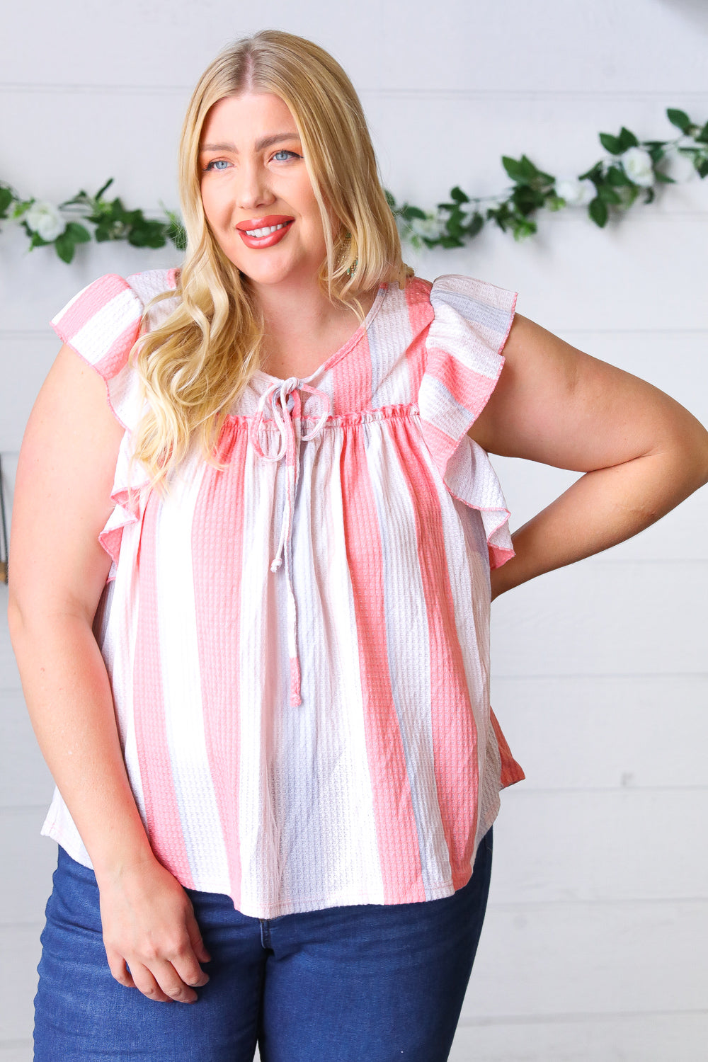 Coral & Light Blue Stripe Waffle Tie Neck Top