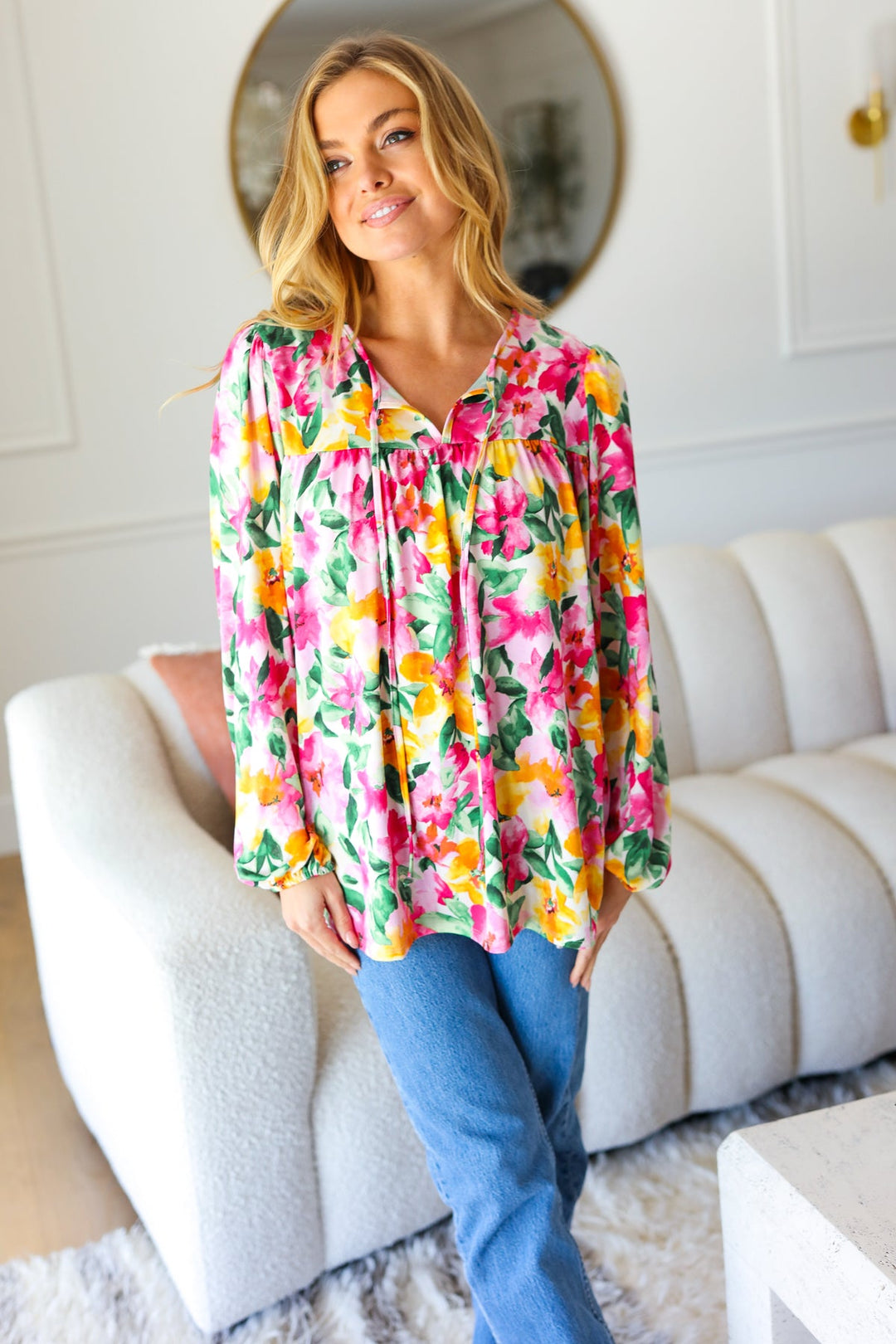 Pretty In Pink Watercolor Floral Yoke Tie Top