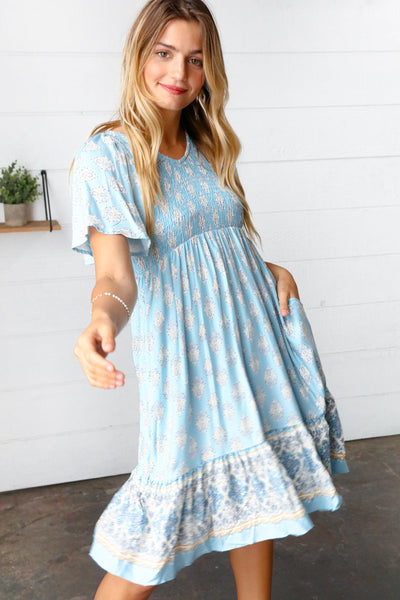 Light Blue Paisley Fit and Flare Smocked Midi Dress