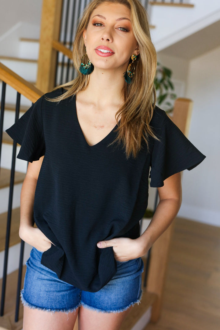 Keep Your Cool Black Flutter Sleeve V Neck Top