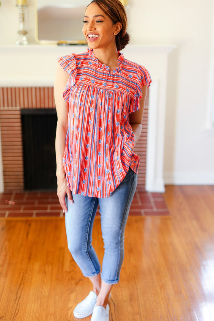 Red & Blue Boho Stripe Flutter Sleeve Top