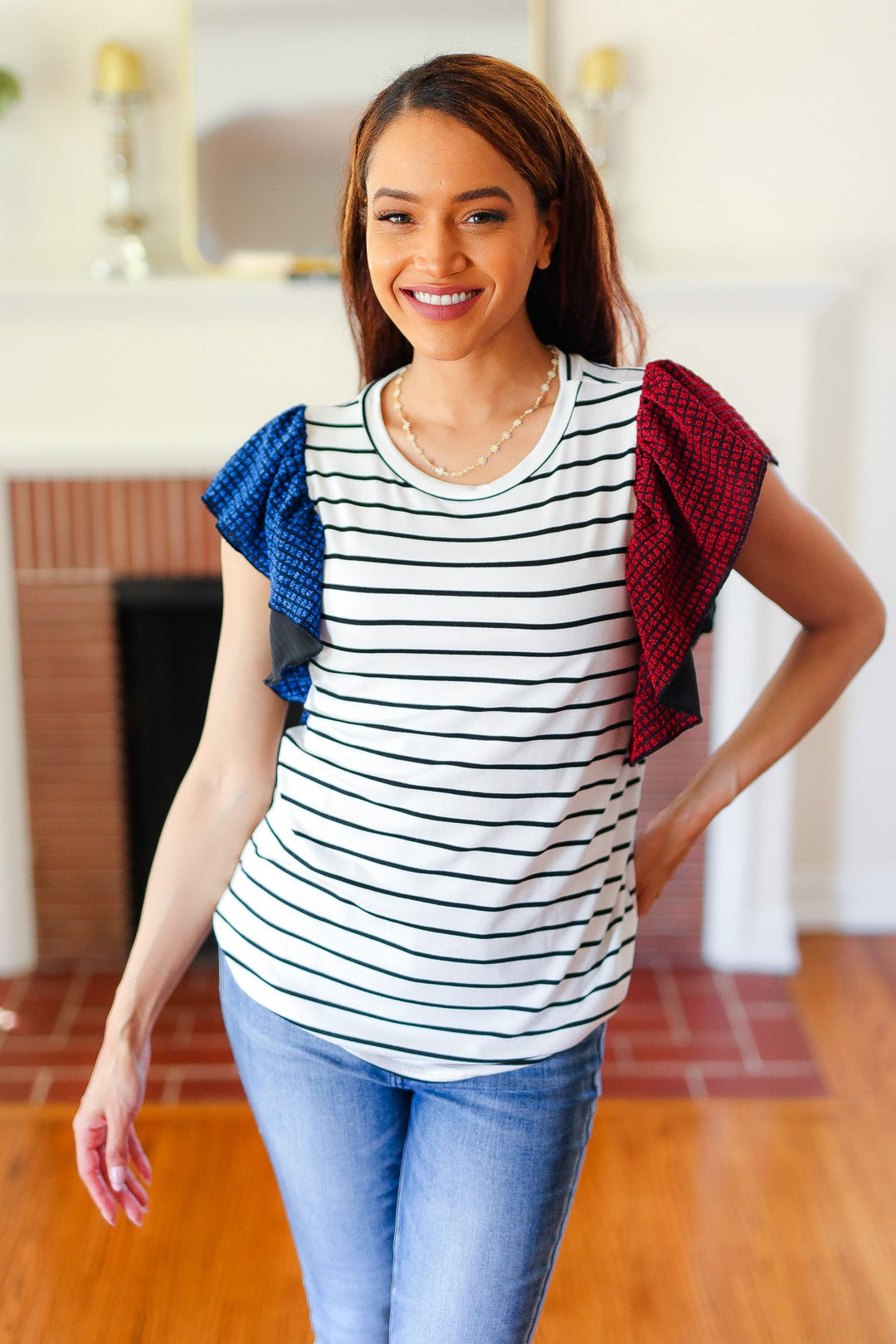 Glam It Up Red & Blue Glitter Flutter Sleeve Striped Top