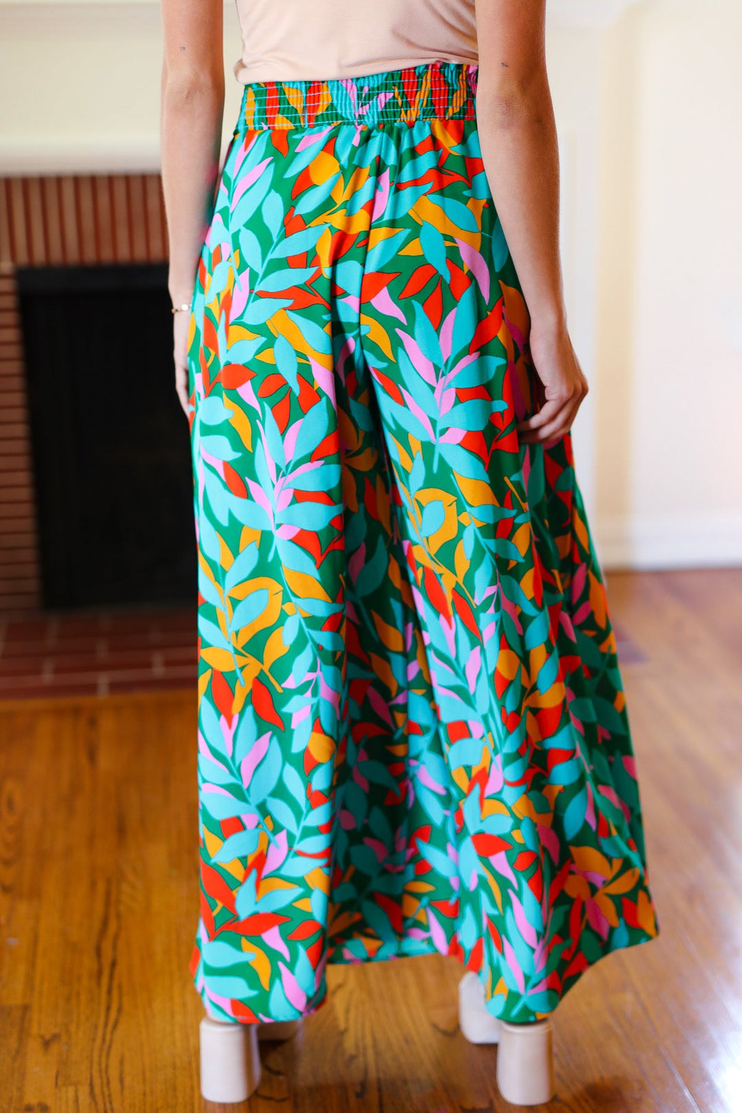 Summer Vibes Green & Orange Abstract Print Smocked Palazzo Pants