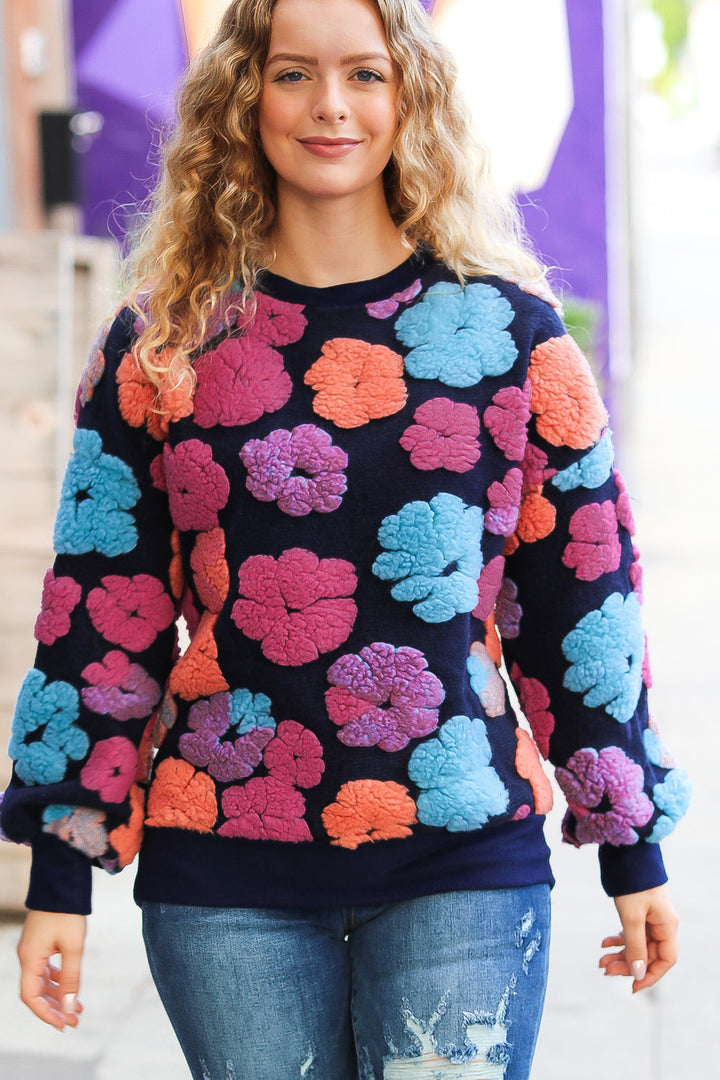 Feeling Joyful Navy & Fuchsia Embroidered Sherpa Flower Pullover