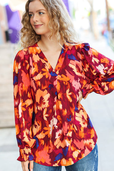 Face The Day Burgundy Floral Abstract Print V Neck Smocked Top
