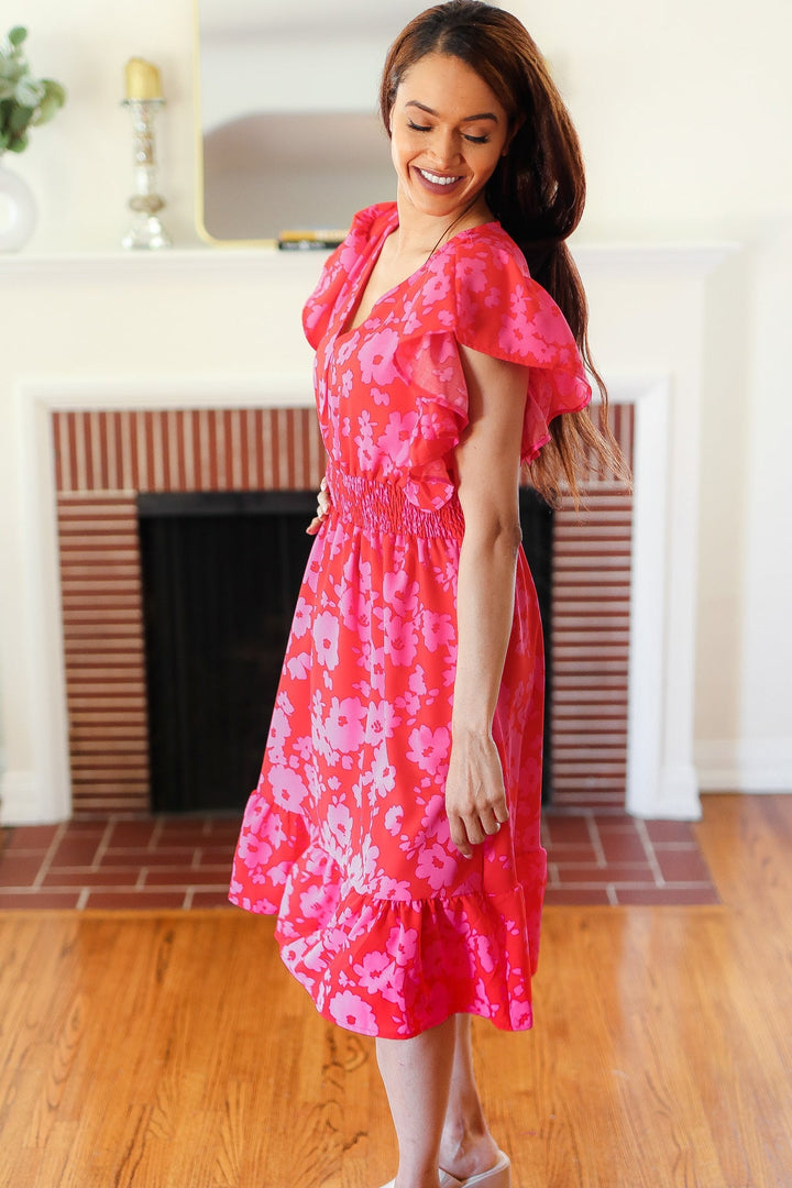 Remember Me Red & Pink Floral Print Smocked Waist Midi Dress