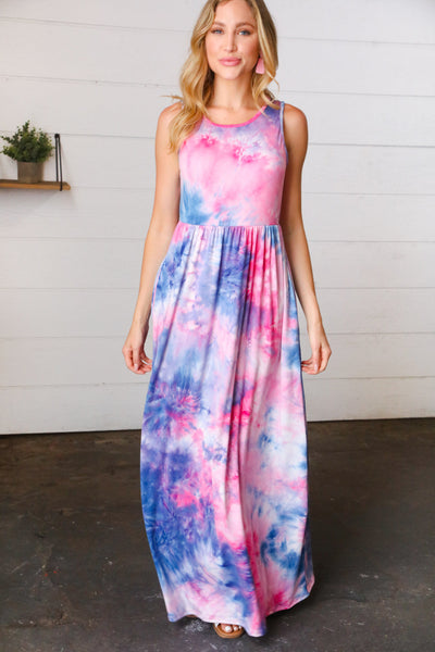 Pink & Blue Tie Dye Fit and Flare Sleeveless Maxi Dress