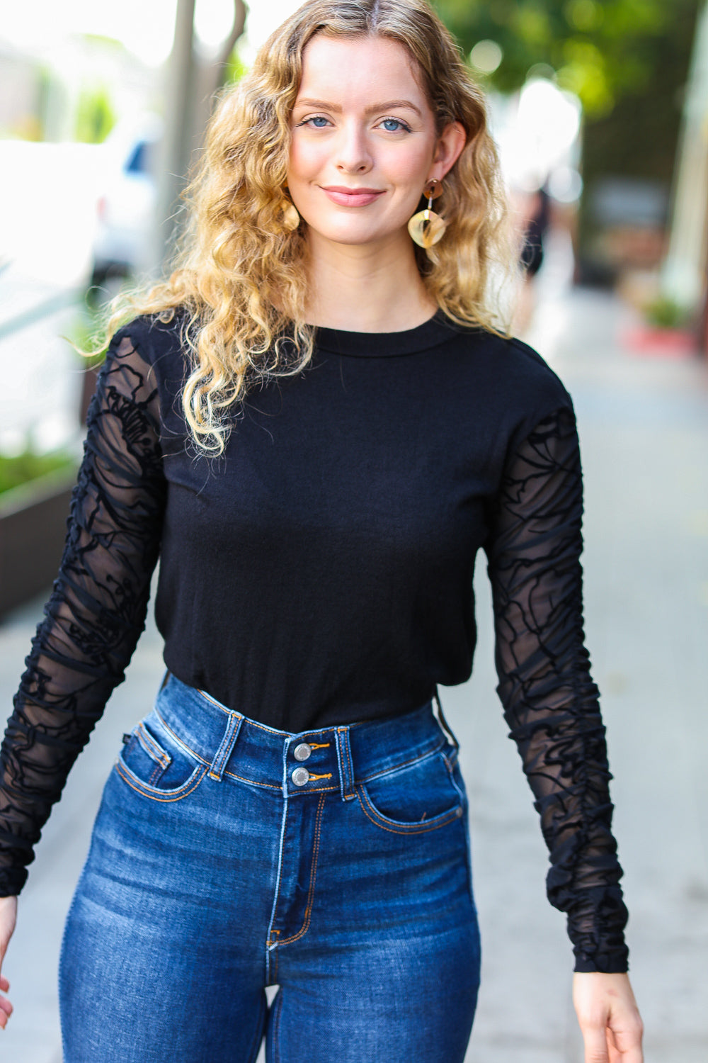 Black Shirred Velvet Mesh Long Sleeve Top