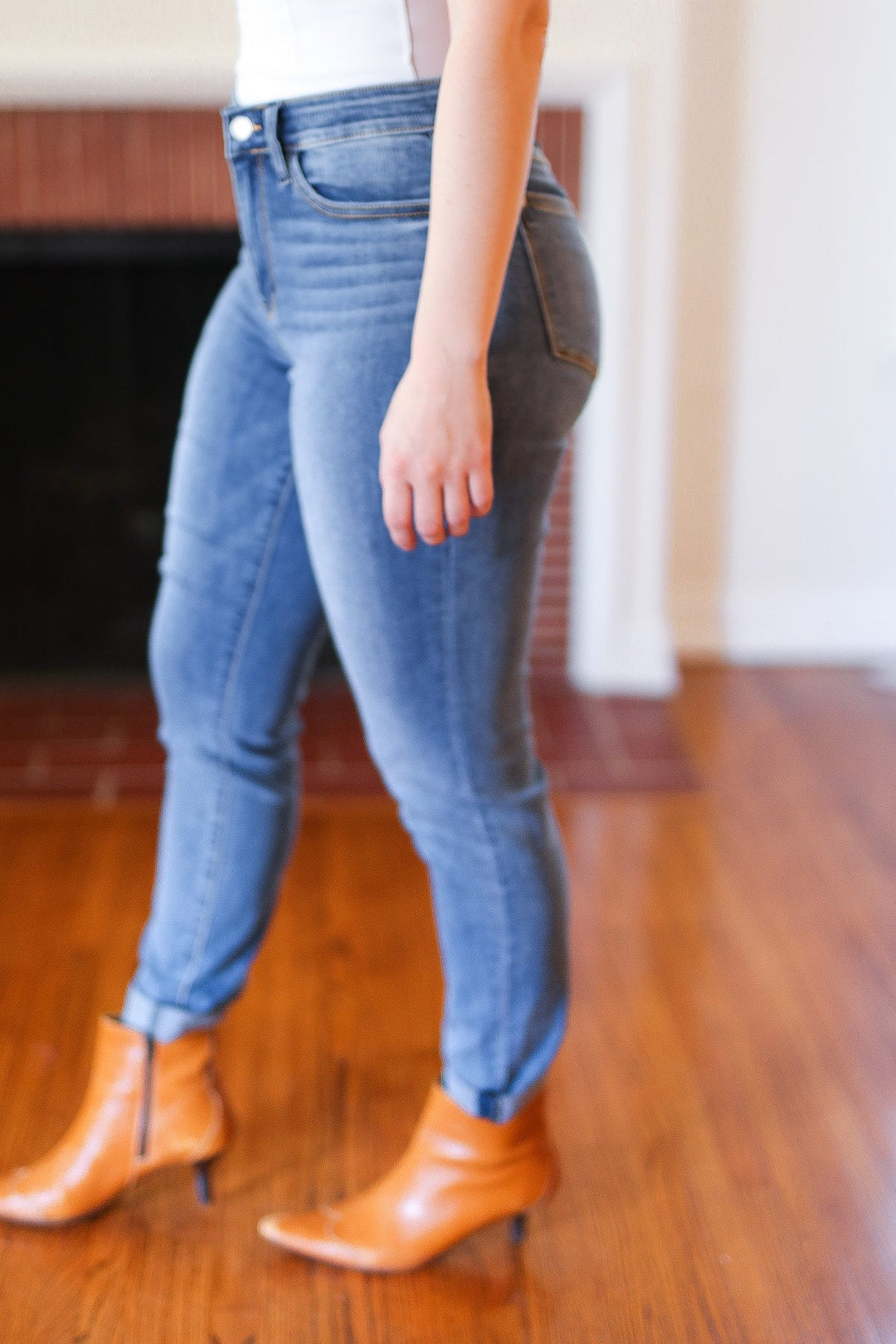 Medium Blue Mid-Rise Slim Fit Cuffed Jeans
