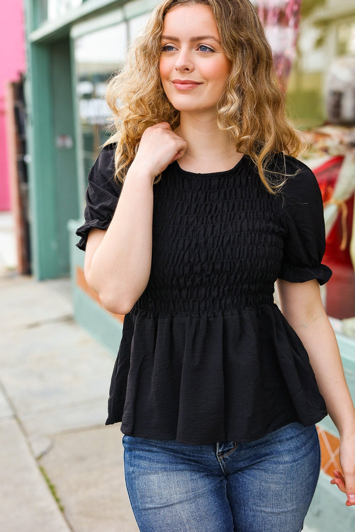 All For You Black Smocked Peplum Puff Sleeve Top