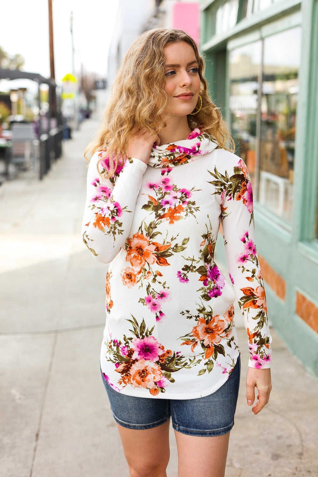 Cream Floral Cowl Neck Sweater Top