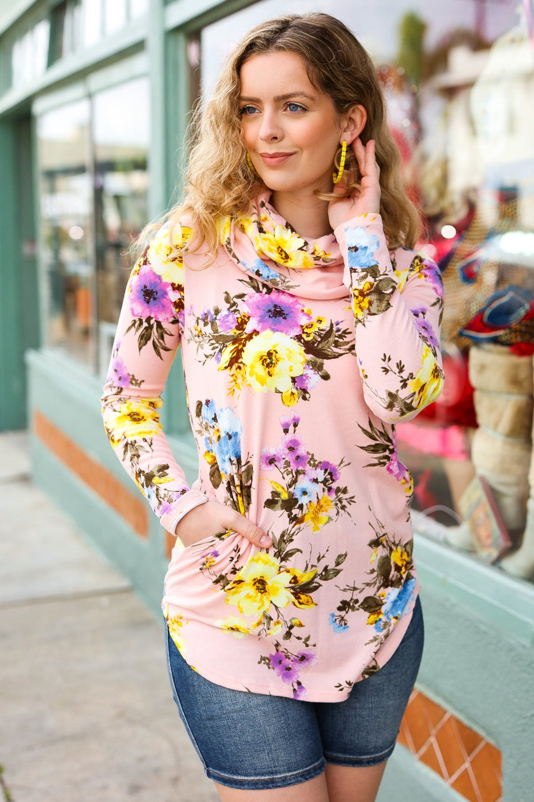 Pink Floral Cowl Neck Sweater Top