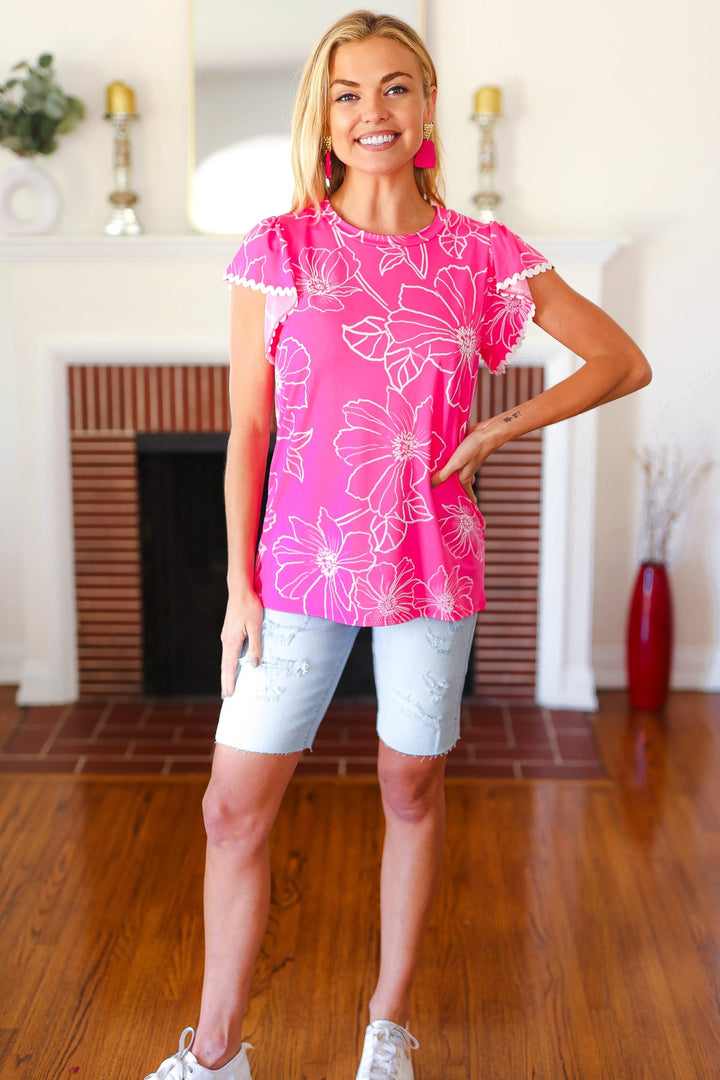 Follow Me Fuchsia Floral Ric Rac Trim Flutter Sleeve Top