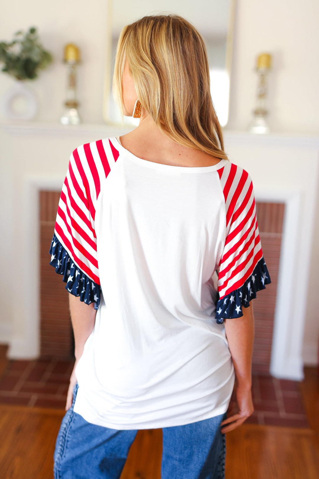 Feeling Patriotic Stars & Stripes Flutter Sleeve V Neck Top