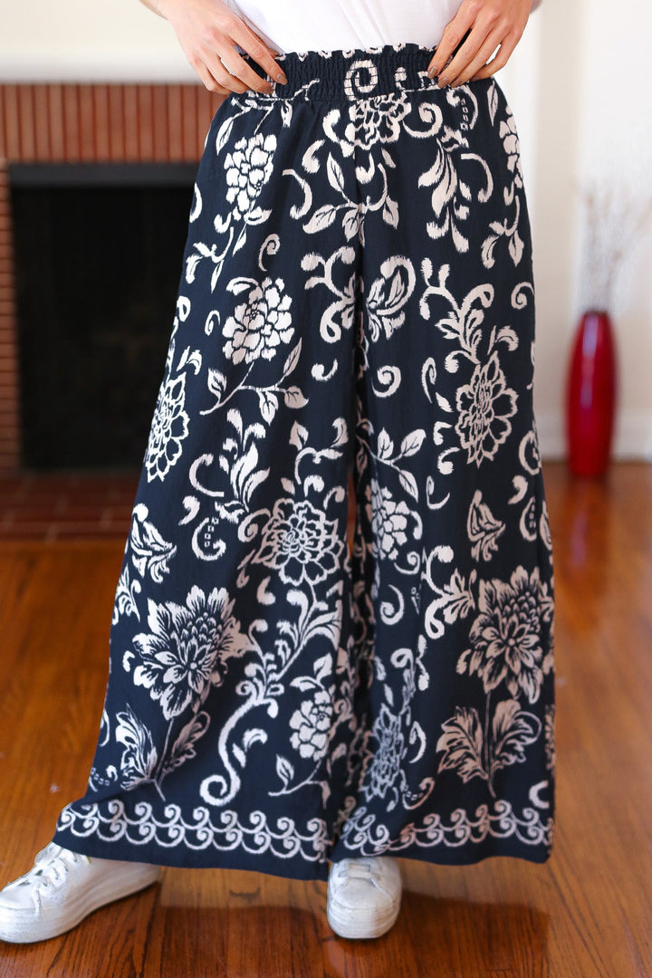 You Got This Navy Paisley Floral Smocked Waist Palazzo Pants