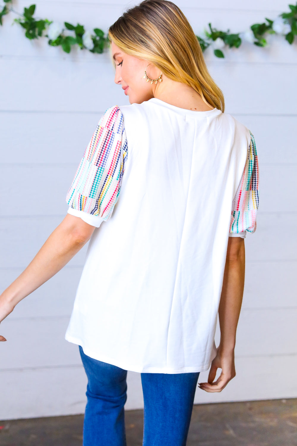Ivory Multicolor Vertical Stripe Puff Sleeve Top