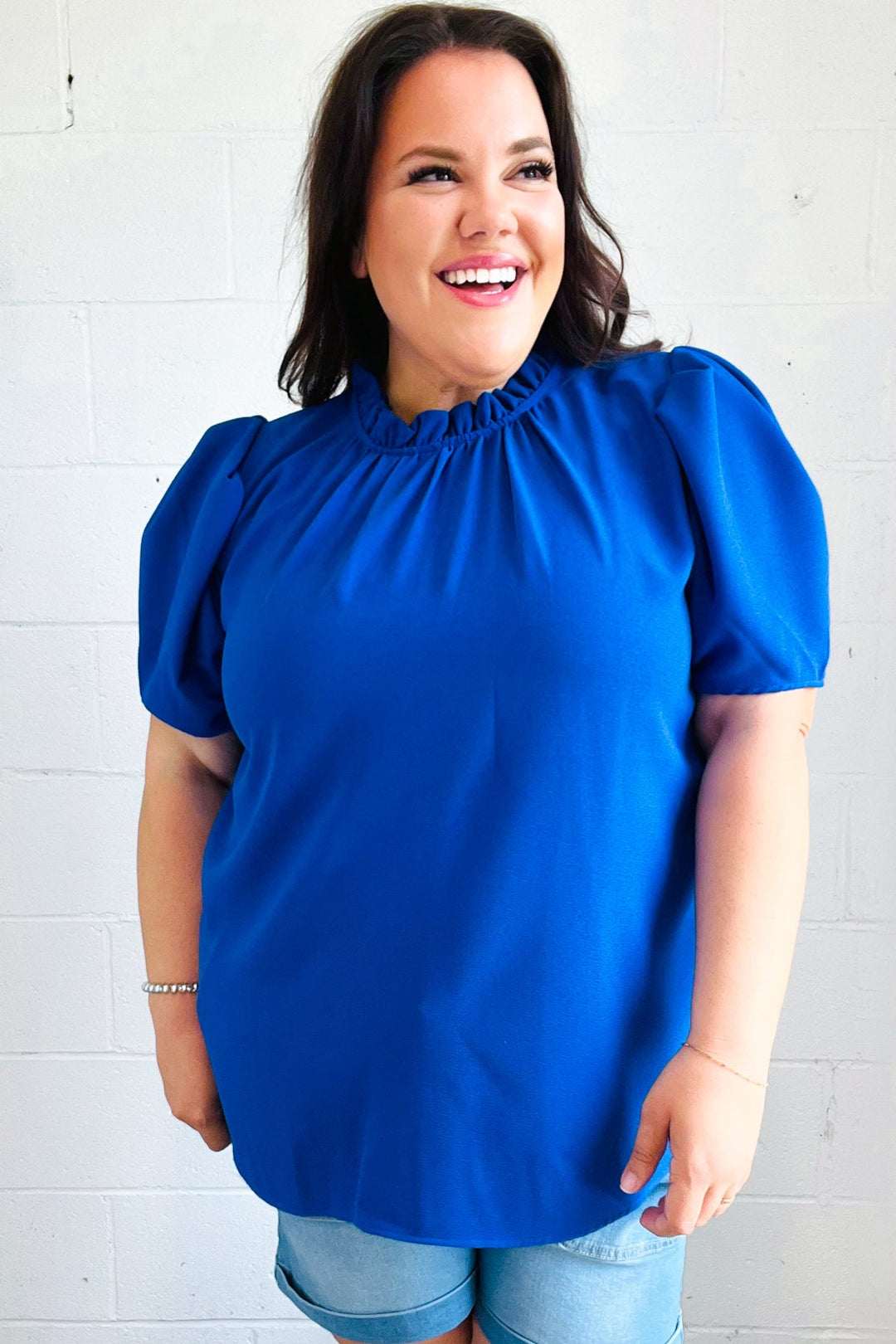 Lovely In Holiday Blue Frill Mock Neck Woven Top