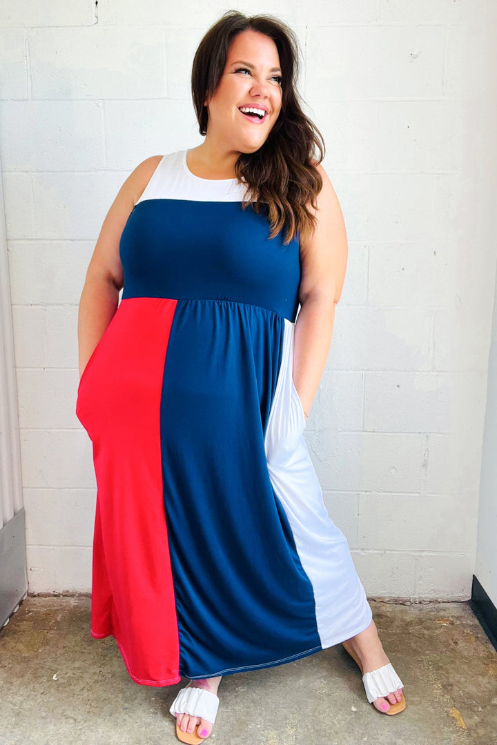 Patriotic Color Block Fit & Flare Maxi Dress