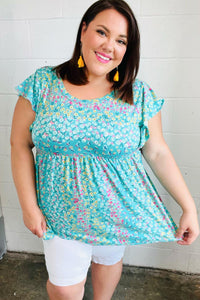 Turquoise Floral Stripe Babydoll Top