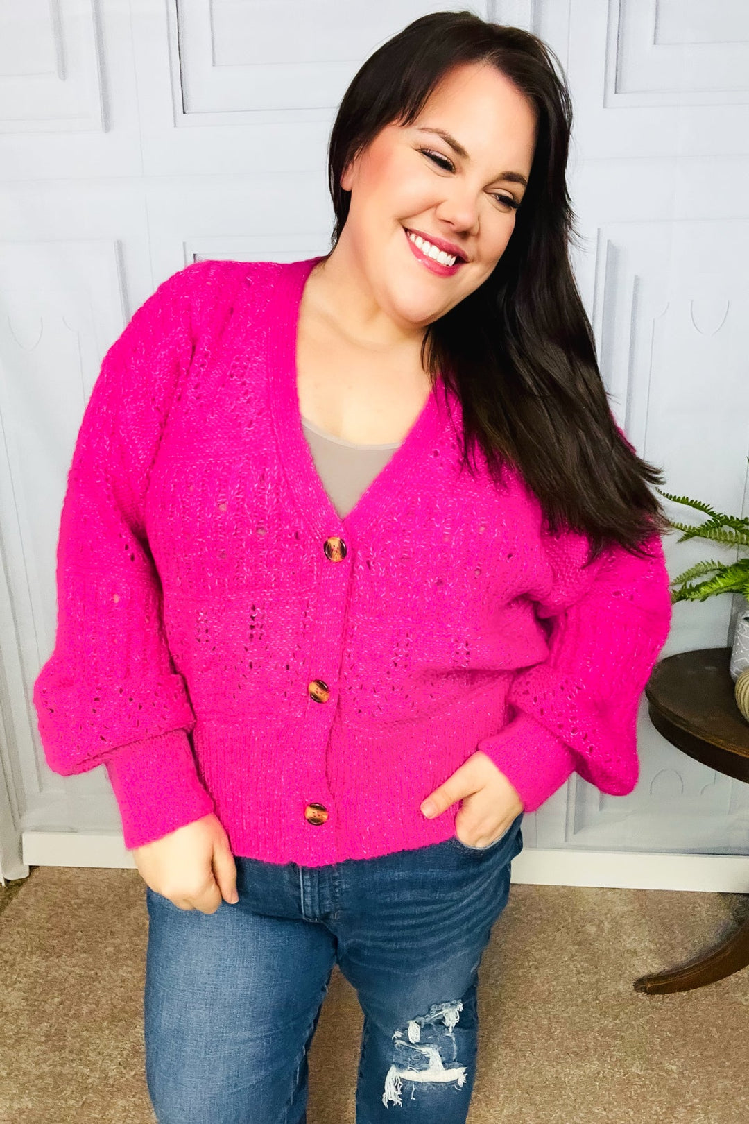 Pretty In Pink Button Down Pointelle Knit Cardigan