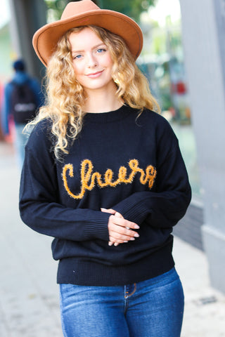 Take Note Black Embroidery "Cheers" Oversized Knit Top