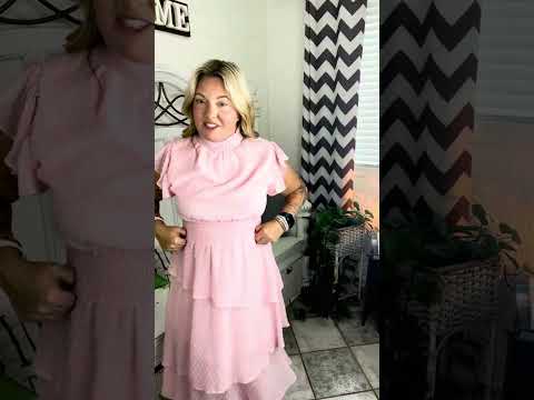 Beautiful You Blush Swiss Dot Asymmetric Tiered Smocked Lined Dress