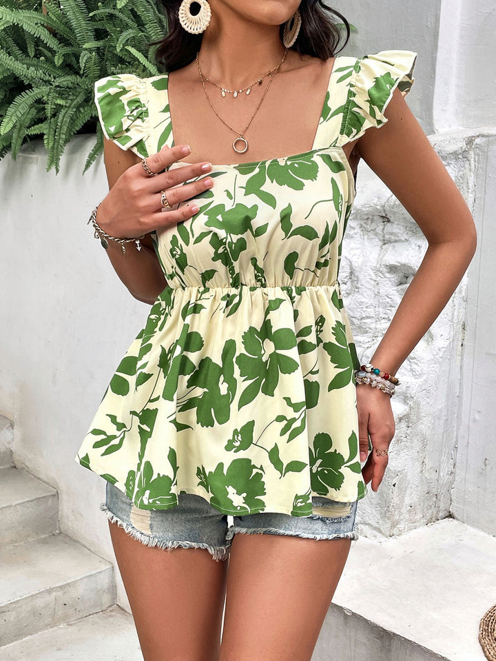 Tied Cutout Square Neck Butterfly Sleeve Babydoll Blouse