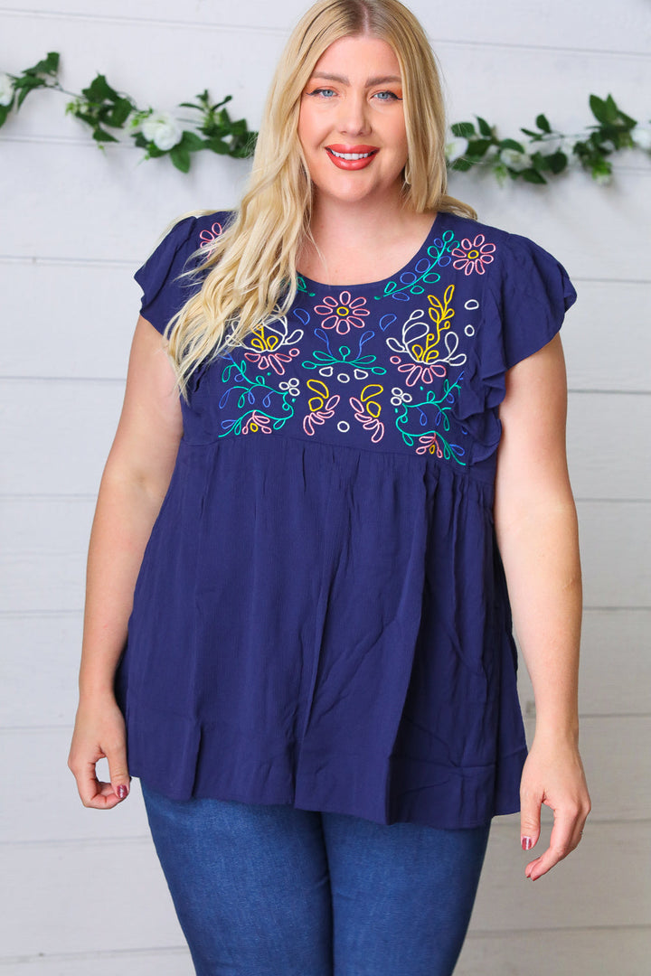 Navy Floral Embroidered Flutter Sleeve Top