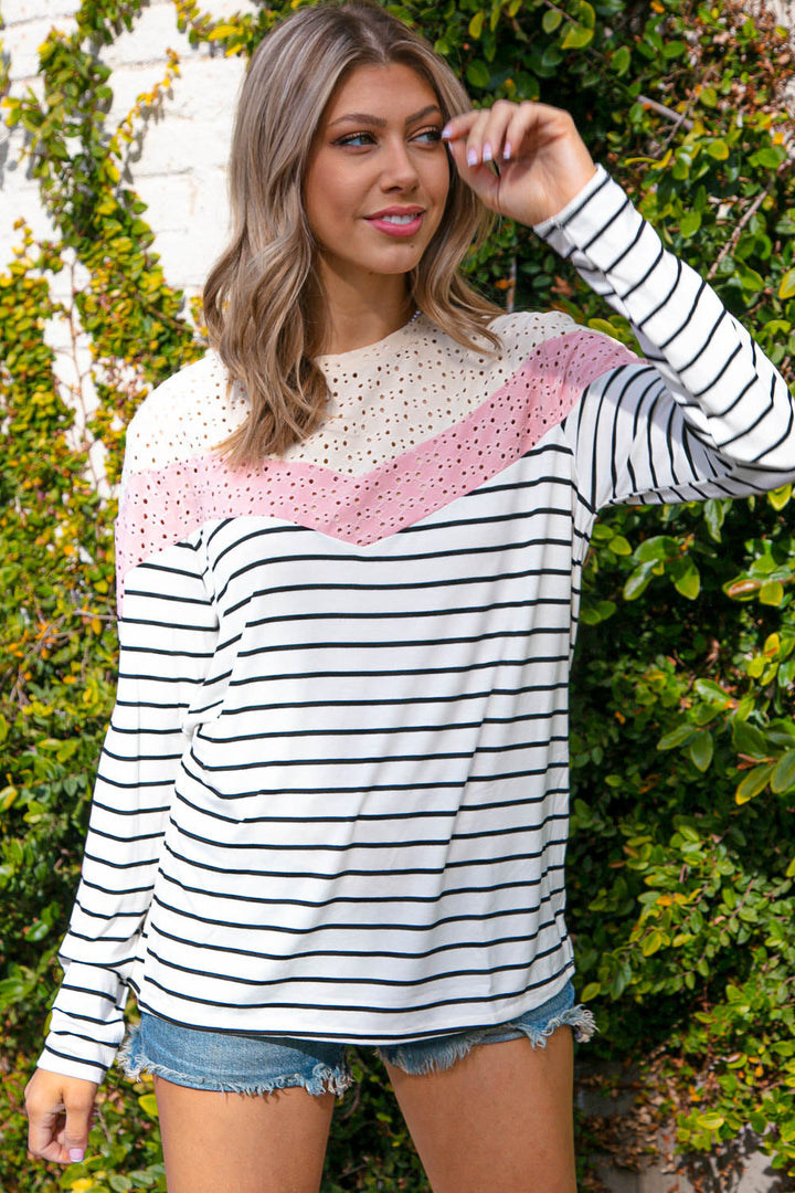 Ivory Multi Stripe Eyelet Chevron Color Block Top