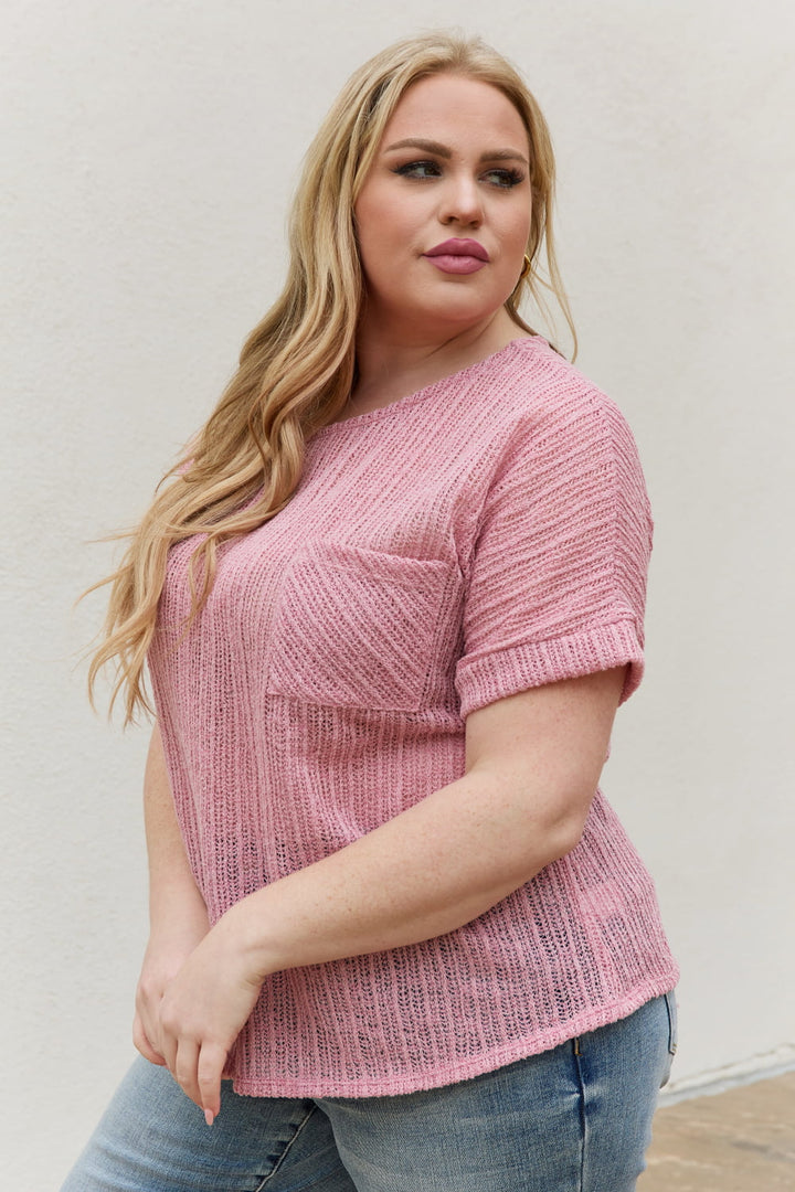 e.Luna Full Size Chunky Knit Short Sleeve Top in Mauve