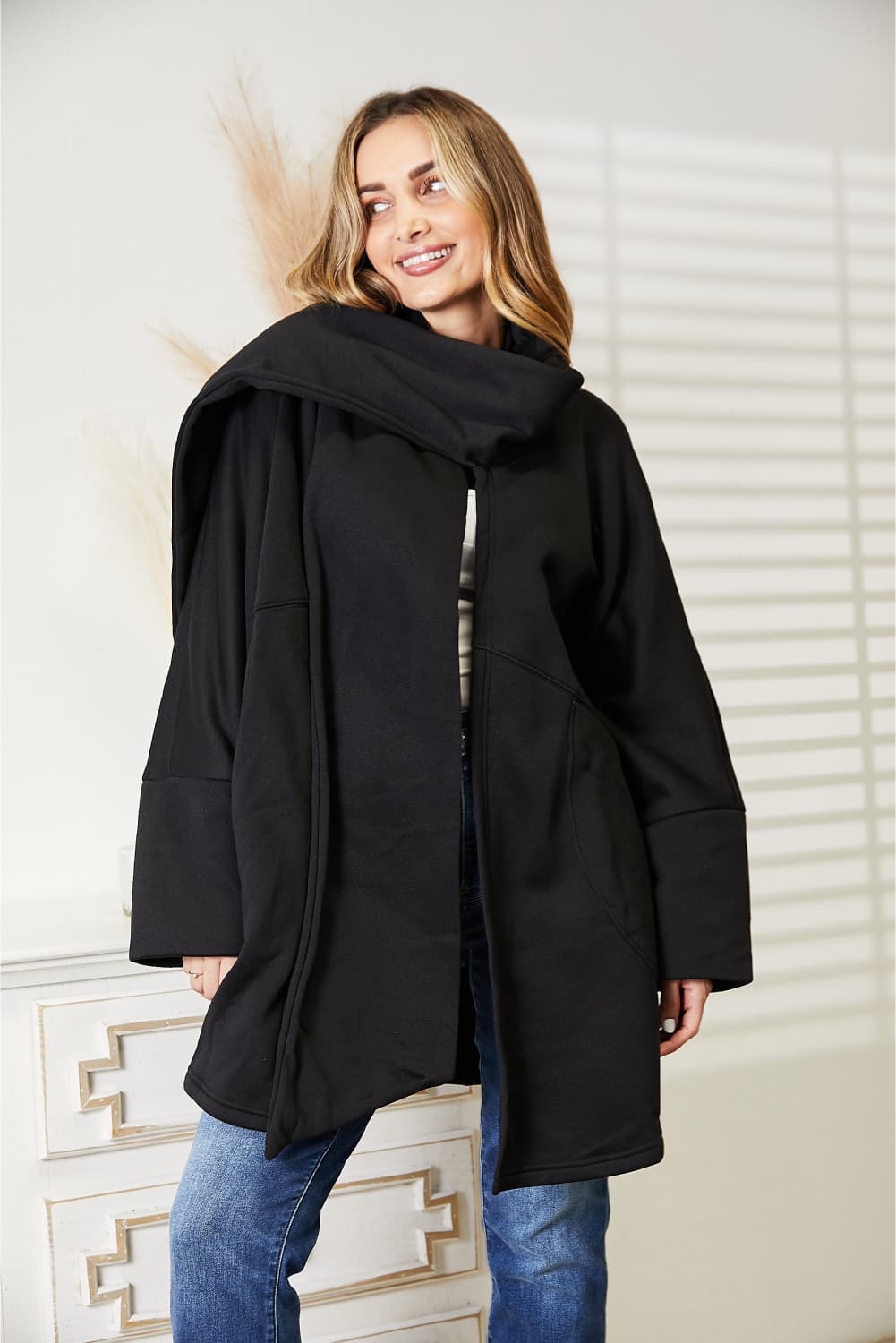 HEYSON Full Size Open Front Cardigan with Scarf Design