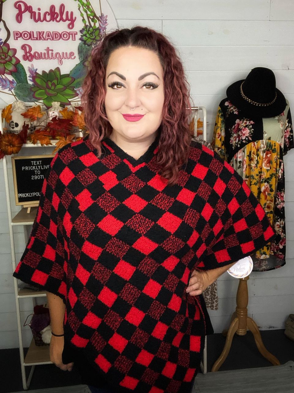 Cozy Plaid Poncho in Red