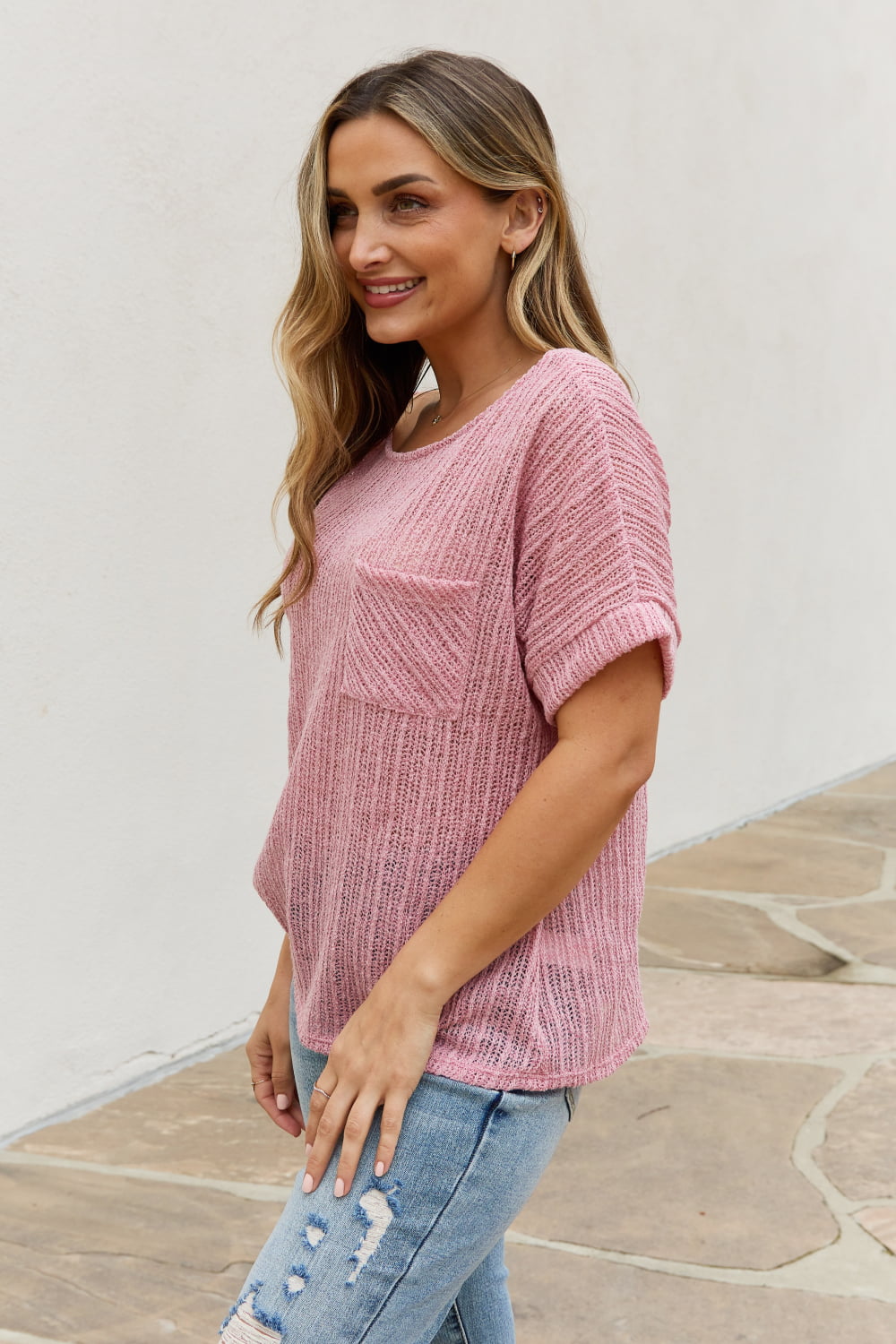 e.Luna Full Size Chunky Knit Short Sleeve Top in Mauve