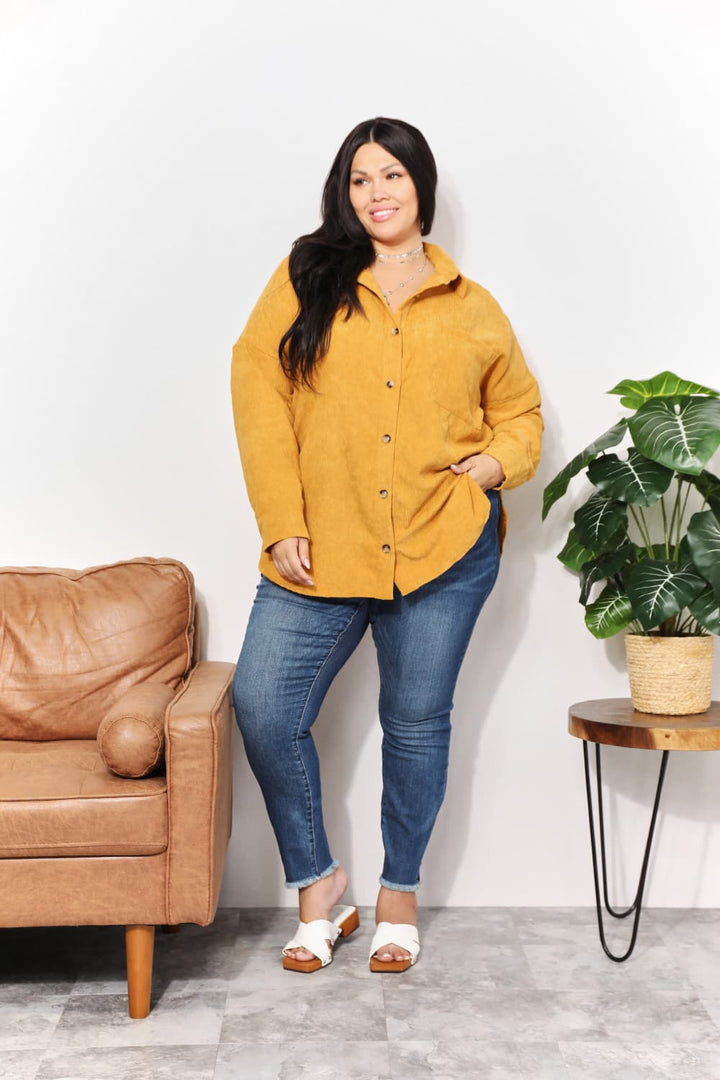 HEYSON Full Size Oversized Corduroy  Button-Down Tunic Shirt with Bust Pocket