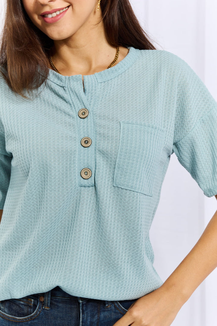 Heimish Made For You Full Size 1/4 Button Down Waffle Top in Blue