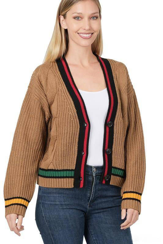 Zenana Contrast Trim Cable Knit Cardigan